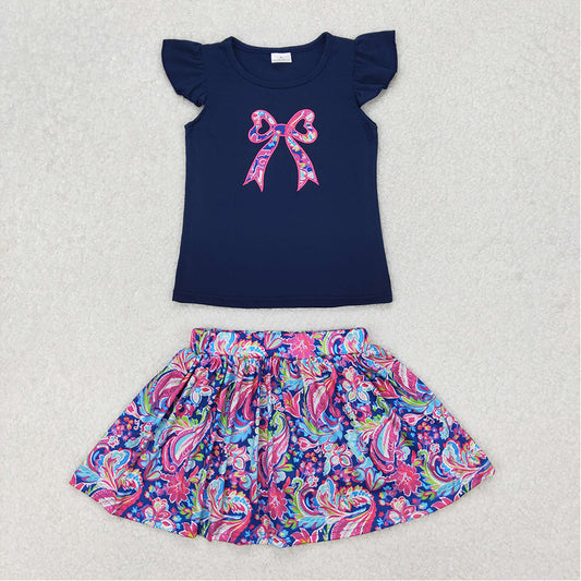 GSD1689   Blue Fly Sleeve Pants Dress Set with Flower Pattern and Bow Tie  D 3.17