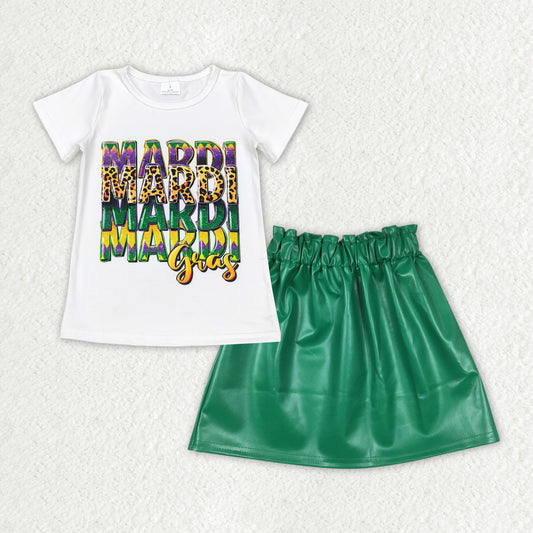 GSD1712 Baby Girls Mardi Gras Short Sleeve Tee Shirts Green Leather Skirt Clothes Sets