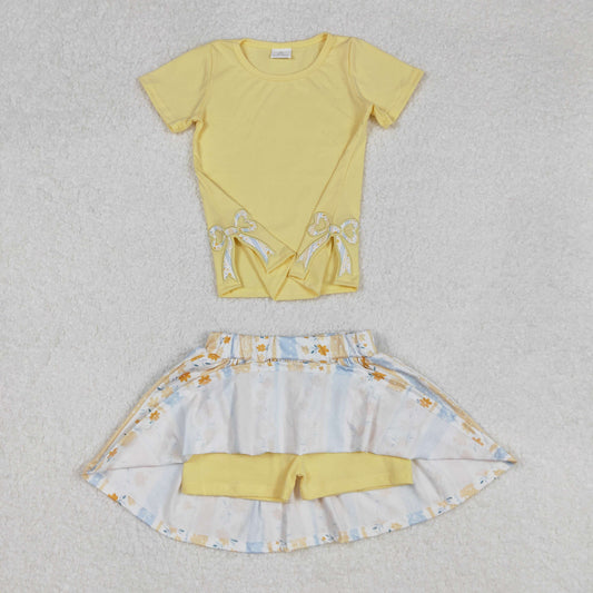 GSD1716 Bowknot Solid Yellow Short Sleeve Flower Striped Pants Skirt Set D 3.3