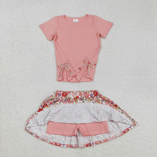 GSD1721 Embroidery Baby Girls Coral Bow Top Flowers Skort Skirt Clothes Sets D 5.22
