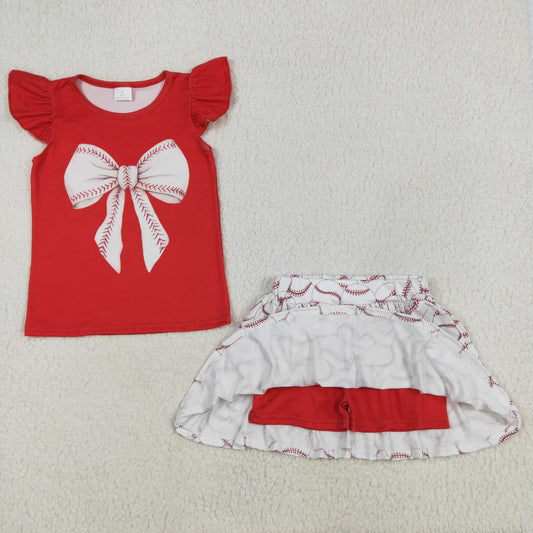 GSD1722 Baby Girls Red Bow Shirt Baseball Skirts Clothes Sets