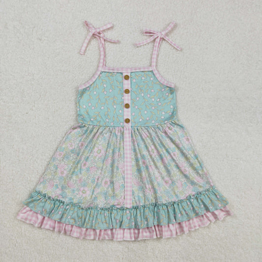GSD1748 Baby Girls Green Flowers Straps Ruffle Knee Length Dresses