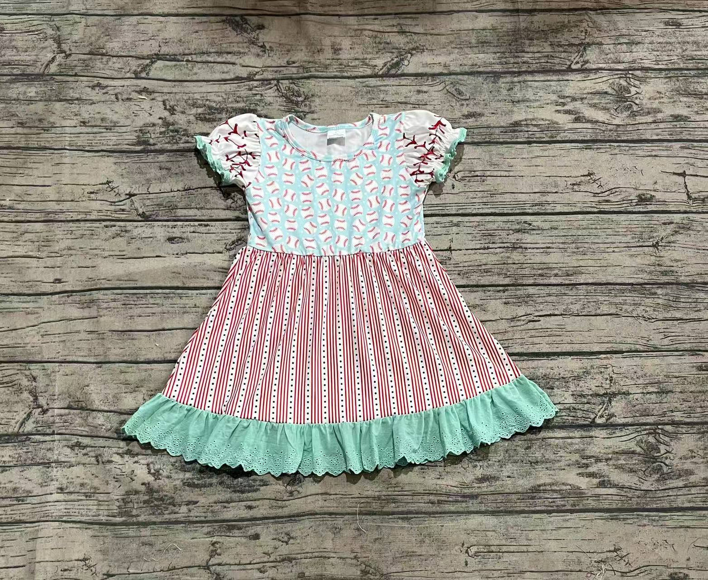 GSD1749  Baby Girls Baseball Short Sleeve Ruffle Knee Length Dresses D 3.27
