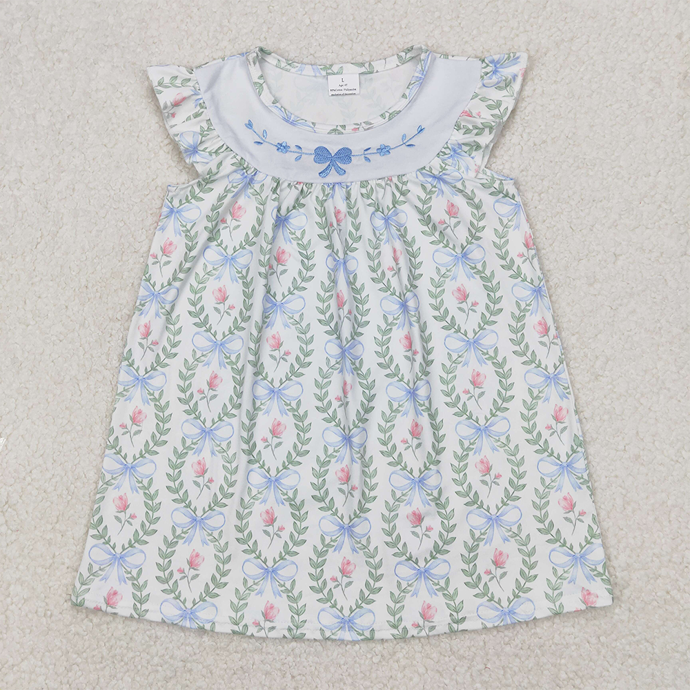 GSD1779  Embroidery Baby Girls Spring Bows Leaves Knee Length Dresses D 3.26