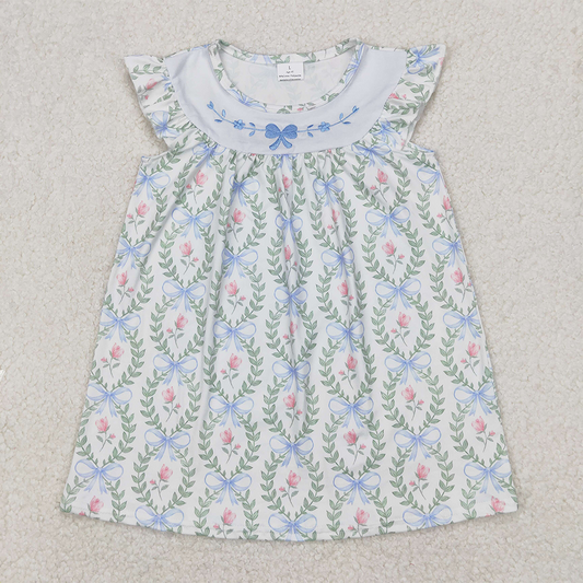 GSD1779  Embroidery Baby Girls Spring Bows Leaves Knee Length Dresses D 3.26