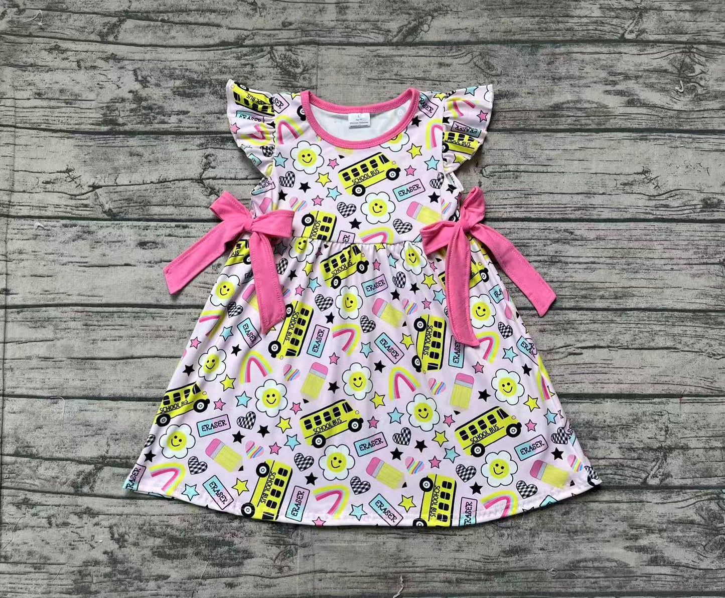 GSD1822  Baby Girls Bus Back To School Bows Knee Length Dresses D 3.14