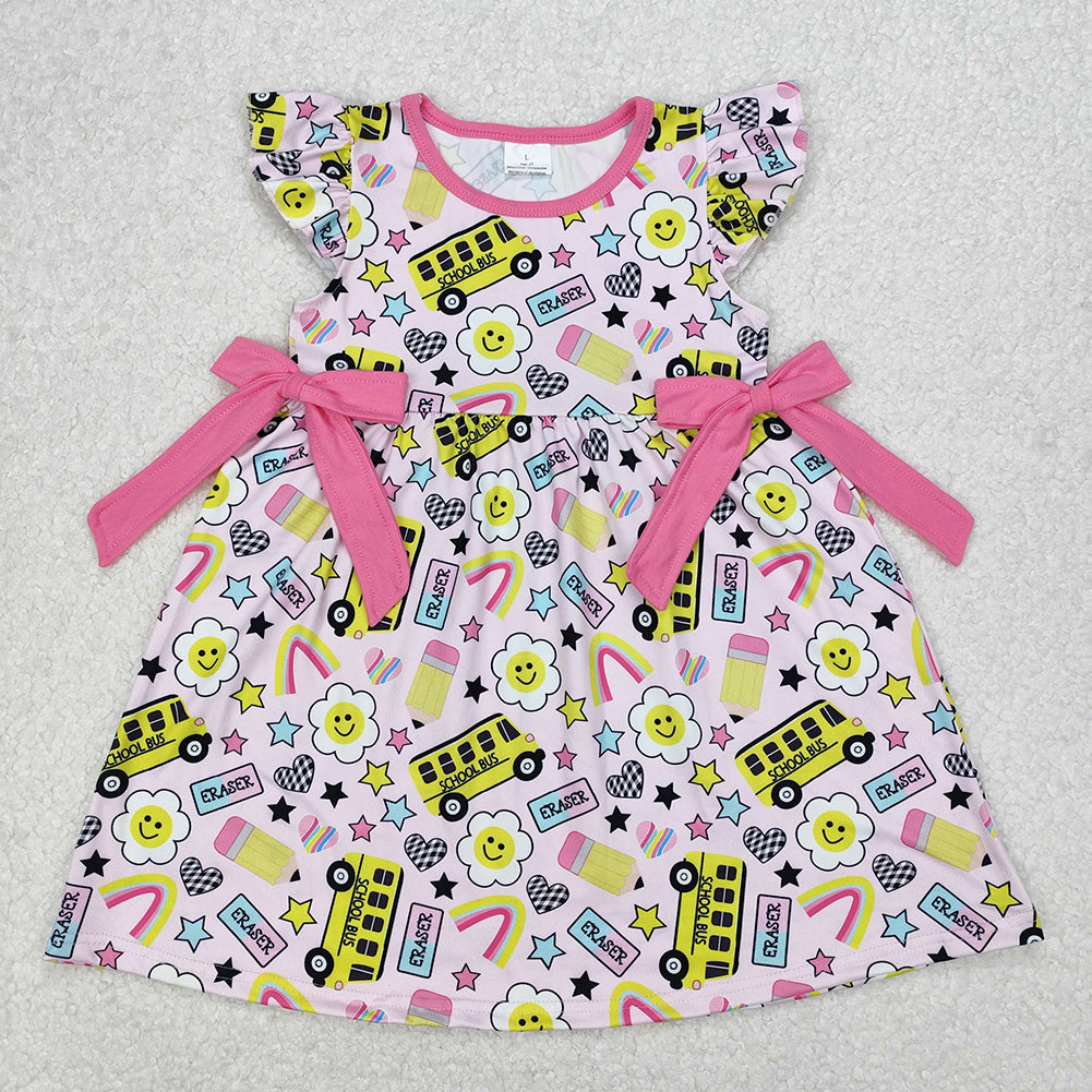 GSD1822  Baby Girls Bus Back To School Bows Knee Length Dresses D 3.14