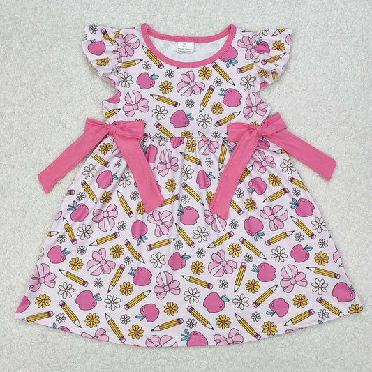 GSD1846 Baby Girls Back To School Apples Bows Knee Length Dresses D 3.13