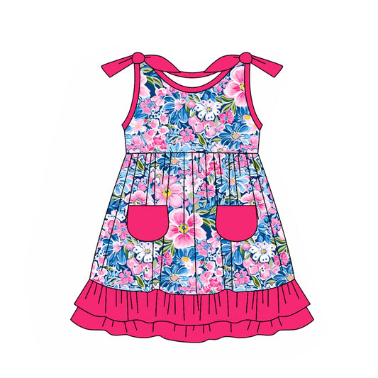 presale GSD1868 Baby Girls Blue Pink Flowers Tunic Ruffle Knee Length Dresses 2025 1.8