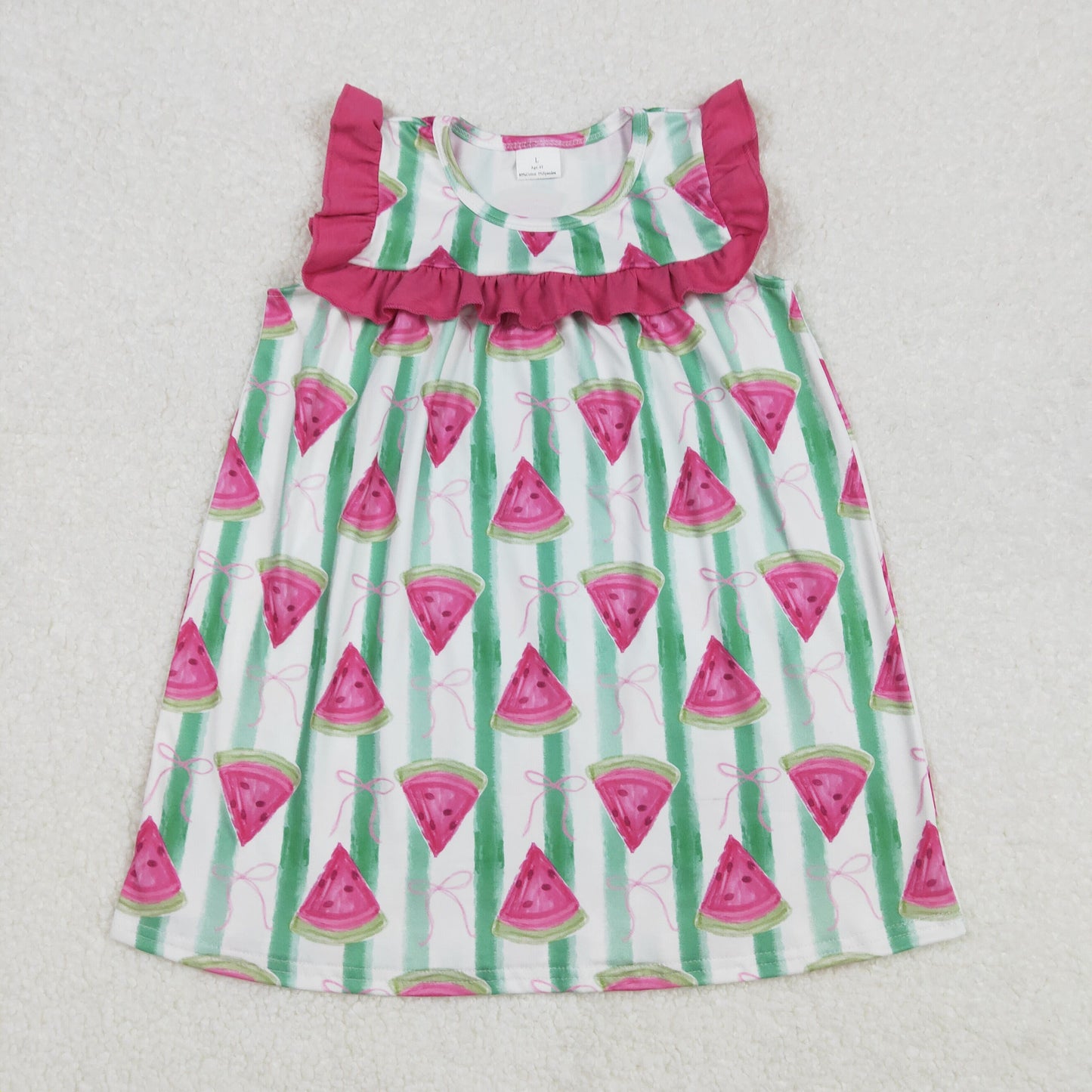 GSD1911  Pink Bow Pattern Watermelon Green Striped Sleeveless Dress