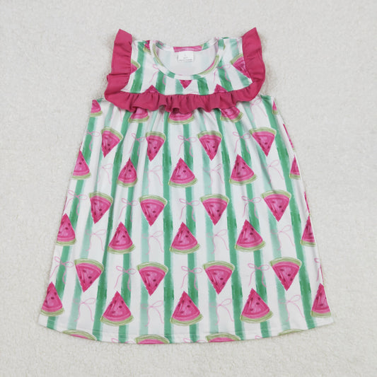 GSD1911 Pink Bow Pattern Watermelon Green Striped Sleeveless Dress