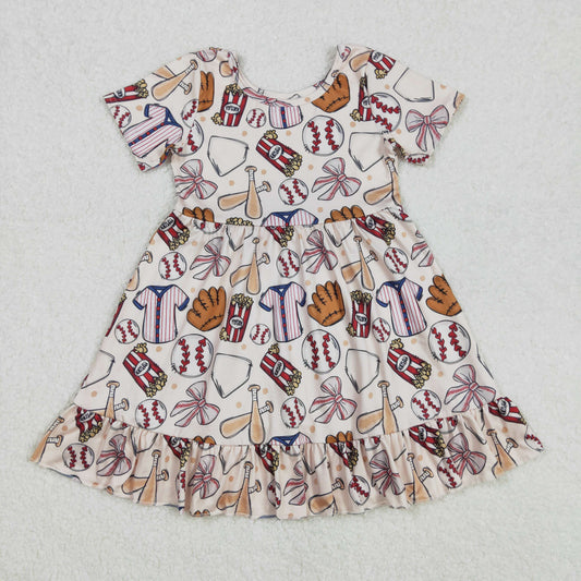 GSD1960 Baby Girls Baseball Bows Short Sleeve Knee Length Dresses
