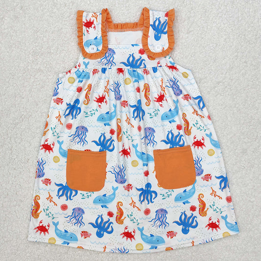 GSD1961 Baby Girls Sea Animals Pockets Knee Length Dresses D 4.19
