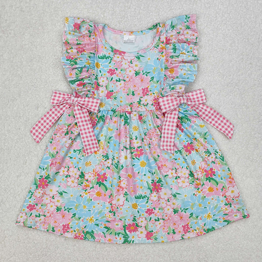 GSD1962 Baby Girls Blue Pink Flowers Bows Knee Length Dresses D 3.10