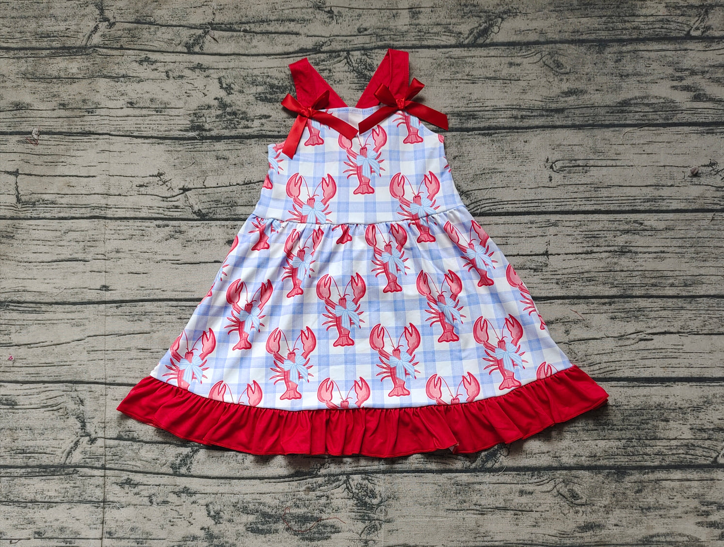 GSD1968  Baby Girls Blue Checkered Crawfish Bow Ruffle Knee Length Dresses  D 3.10