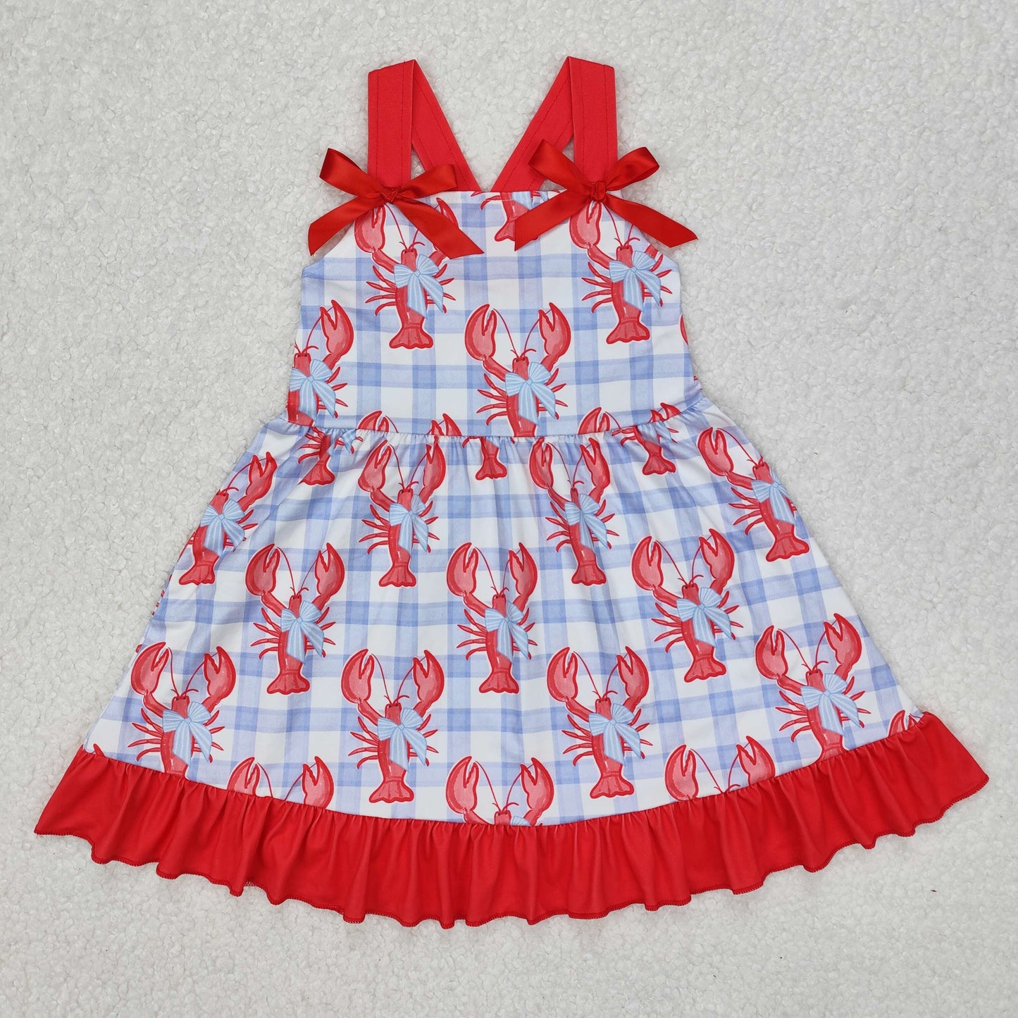 GSD1968  Baby Girls Blue Checkered Crawfish Bow Ruffle Knee Length Dresses  D 3.10