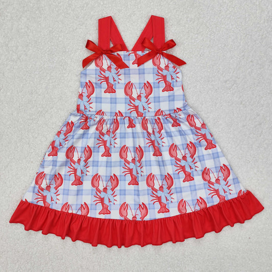GSD1968  Baby Girls Blue Checkered Crawfish Bow Ruffle Knee Length Dresses  D 3.10