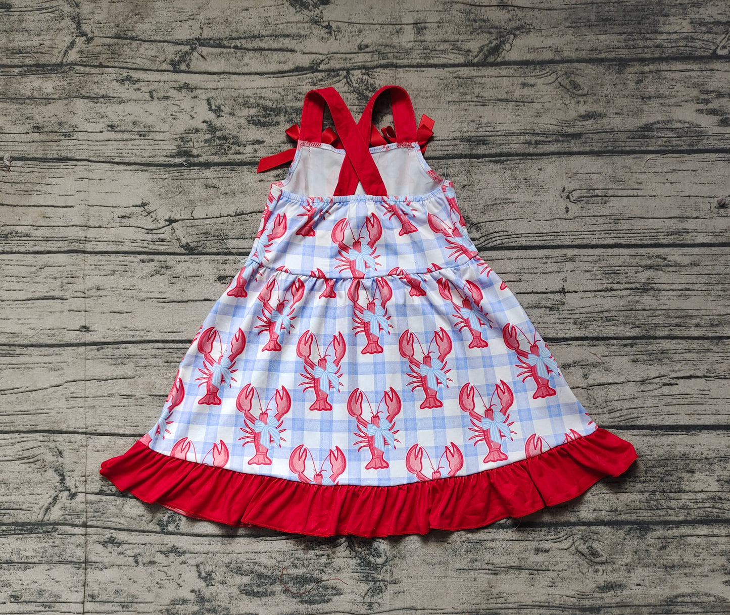 GSD1968  Baby Girls Blue Checkered Crawfish Bow Ruffle Knee Length Dresses  D 3.10