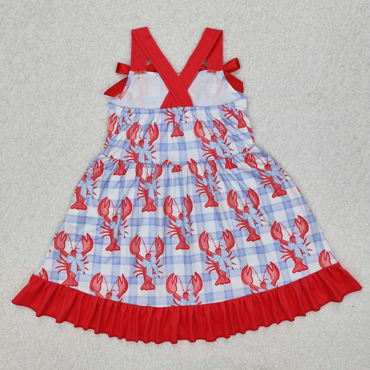 GSD1968  Baby Girls Blue Checkered Crawfish Bow Ruffle Knee Length Dresses  D 3.10