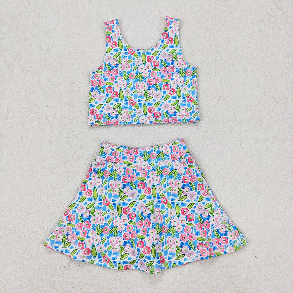 GSD1988  Baby Girls Blue Flowers Athletic Active Wear Top Shorts Skirts Clothes Sets  D 3.20
