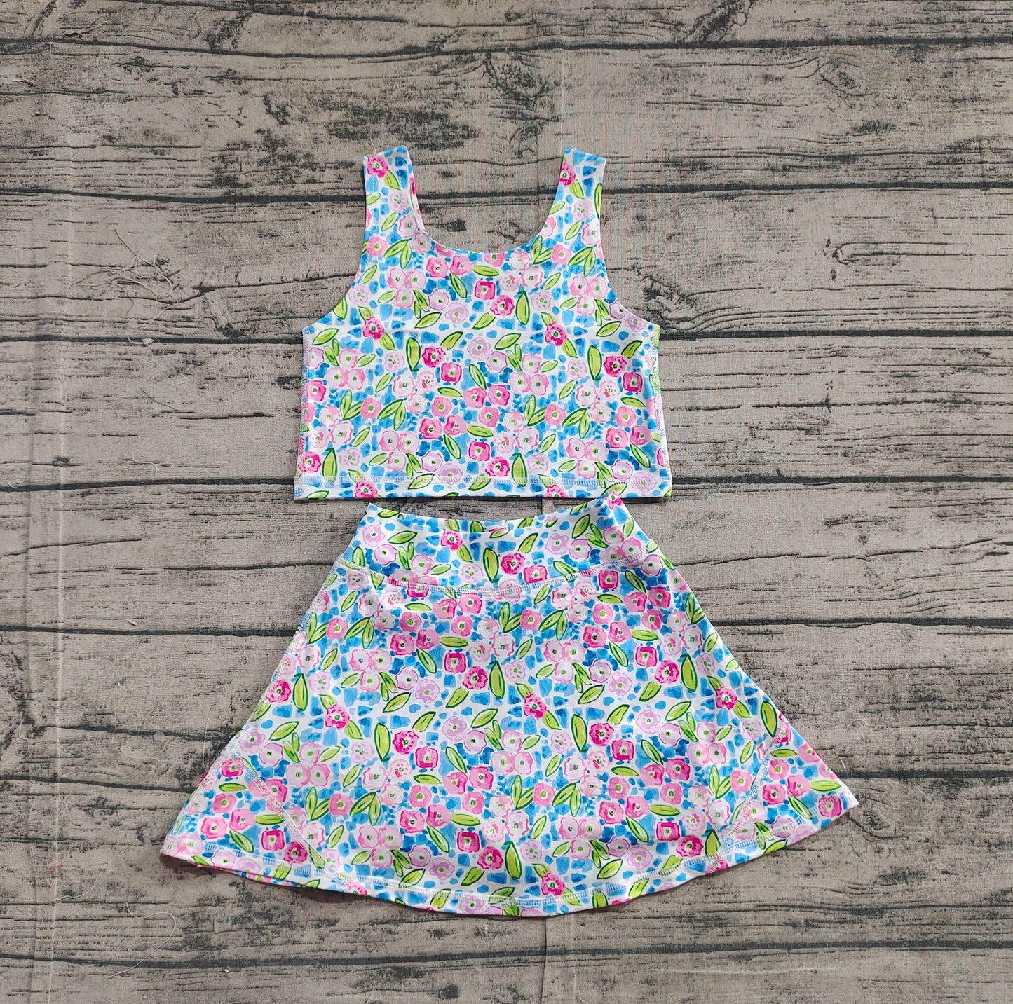 GSD1988  Baby Girls Blue Flowers Athletic Active Wear Top Shorts Skirts Clothes Sets  D 3.20