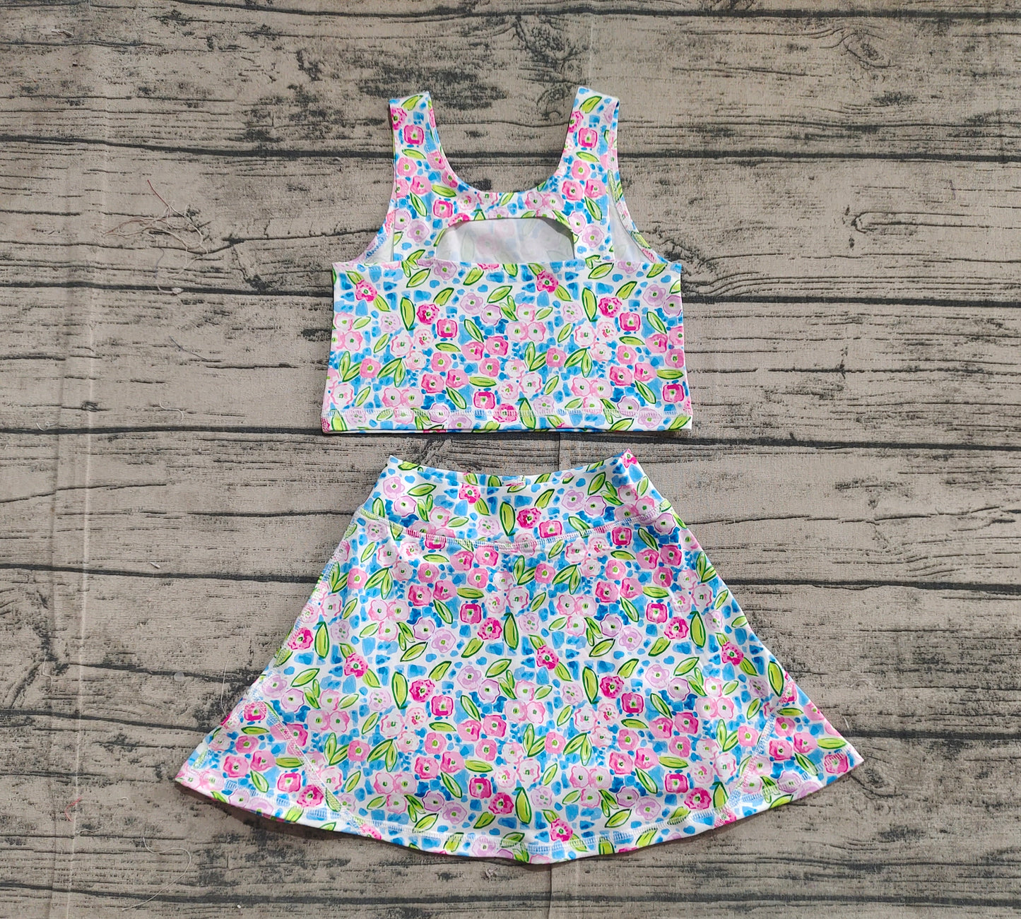 GSD1988  Baby Girls Blue Flowers Athletic Active Wear Top Shorts Skirts Clothes Sets  D 3.20