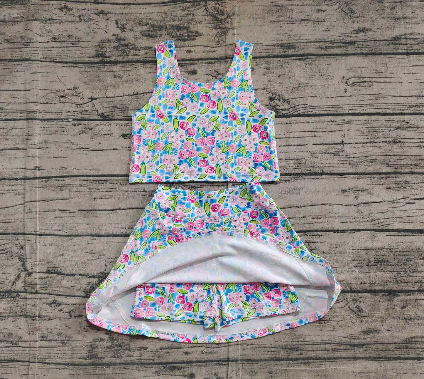 GSD1988  Baby Girls Blue Flowers Athletic Active Wear Top Shorts Skirts Clothes Sets  D 3.20