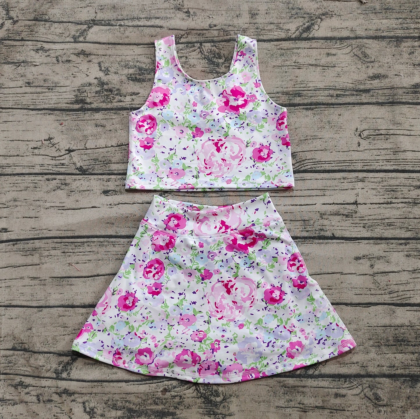 GSD1989 Baby Girls Pink Flowers Athletic Active Wear Top Shorts Skirts Clothes Sets  D 4.1