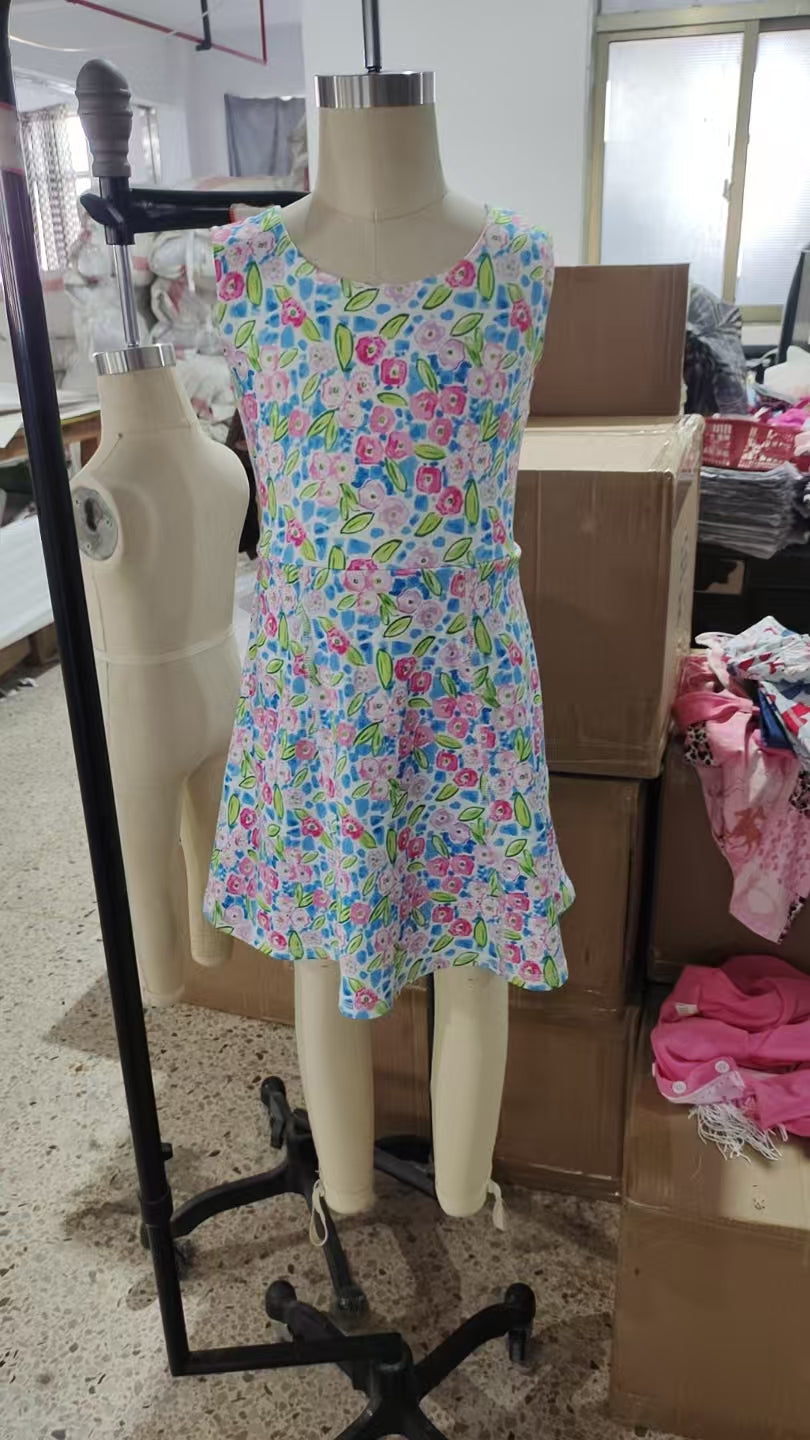 GSD1990 Baby Girls Blue Flowers Sleeveless Athletic Dresses   D 4.8