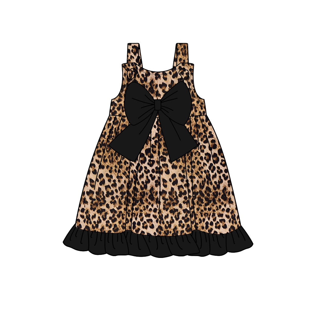 presale GSD1992  Baby Girls Black Leopard Bow Ruffle Knee Length Dresses D 2.8