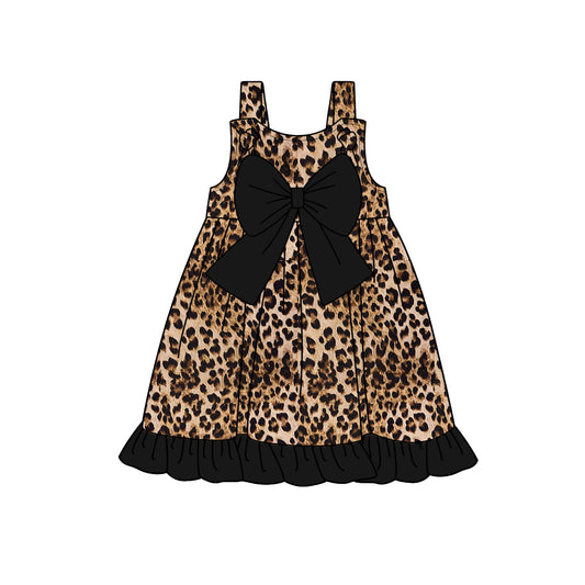 presale GSD1992 Baby Girls Black Leopard Bow Ruffle Knee Length Dresses D 2.8