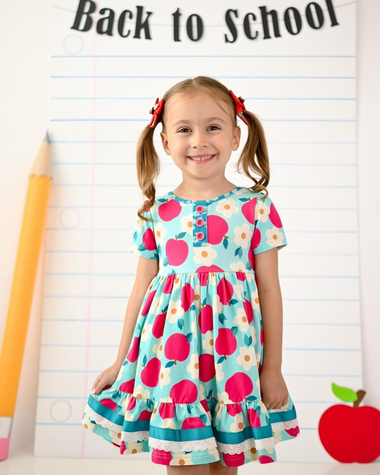 presale GSD1994 Baby Girls Flowers Apples Back To School Knee Length Dresses D 2.8