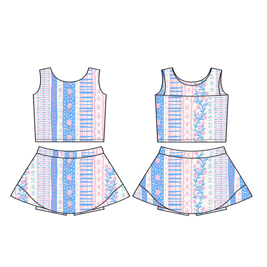 presale GSD1995 Baby Girls Blue Pink Flowers Athletic Active Wear Top Shorts Skirts Clothes Sets   D 2.10