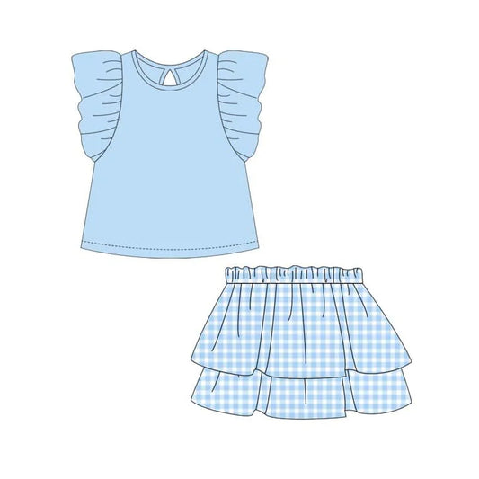 presale GSD1999  Baby Girls Blue Top Ruffle Shirts Clothes Sets  D 2.10