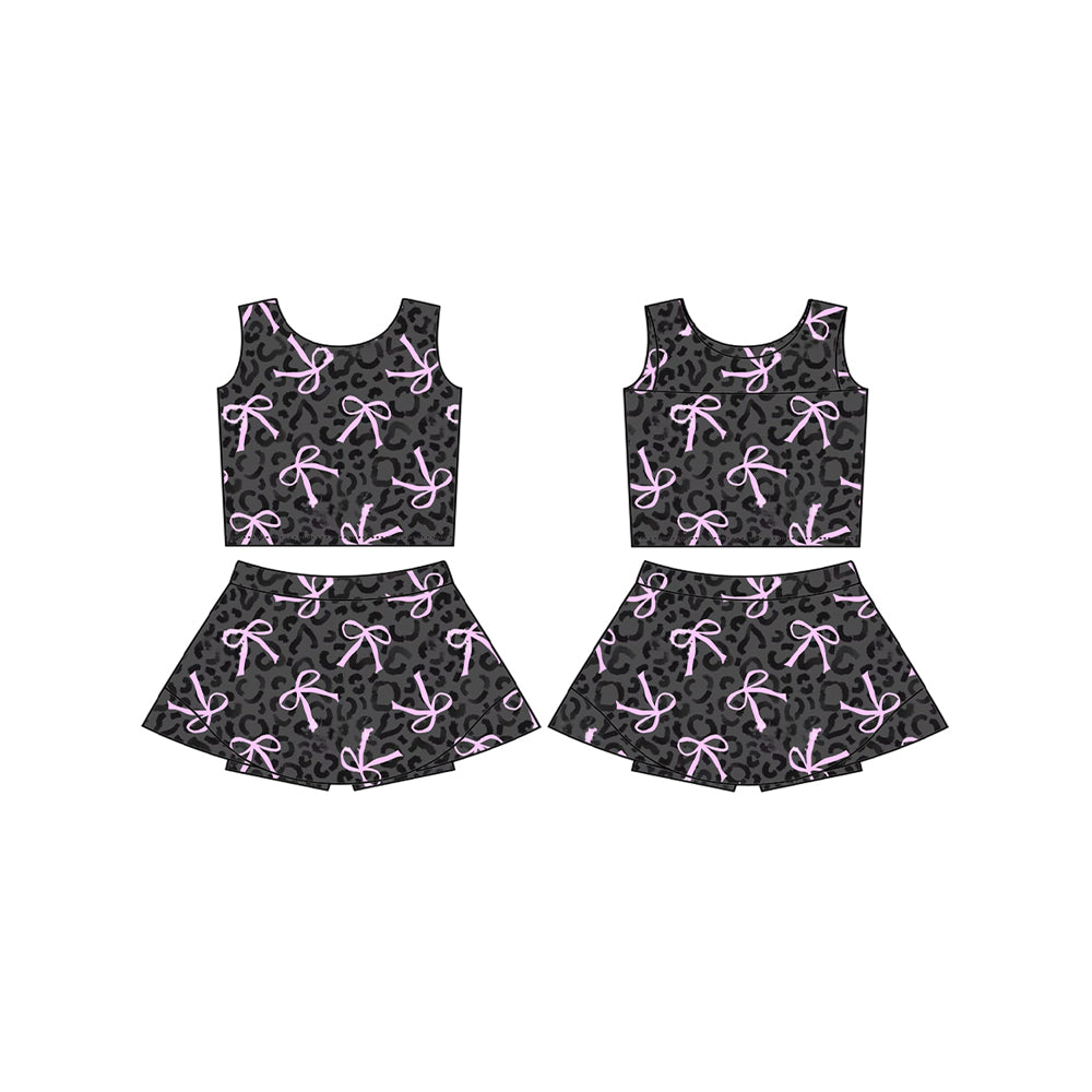 presale GSD2008  Baby Girls Black Leopard Bows Athletic Active Wear Top Shorts Skirts Clothes Sets   D 2.10