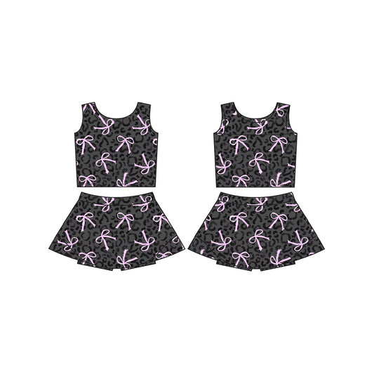 presale GSD2008  Baby Girls Black Leopard Bows Athletic Active Wear Top Shorts Skirts Clothes Sets   D 2.10