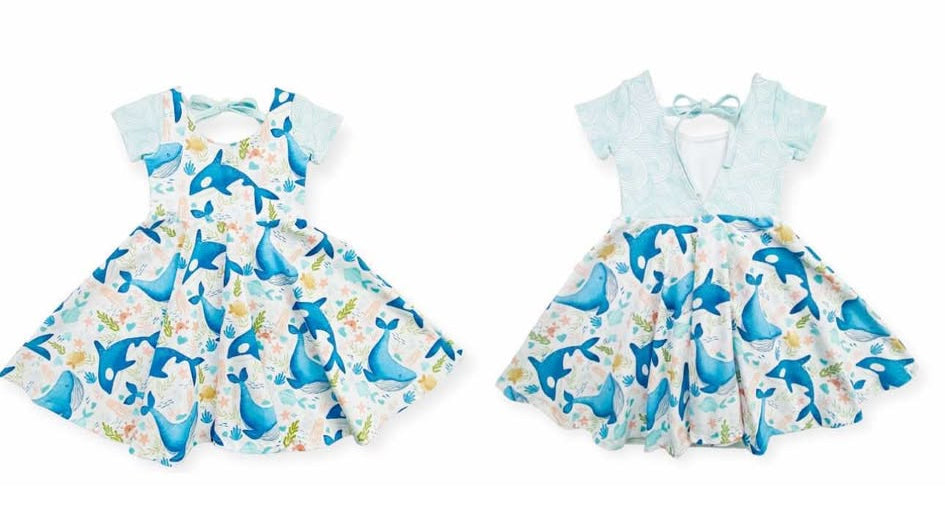 GSD2011  Baby Girls Blue Whale Short Sleeve Knee Length Dresses  D 4.2