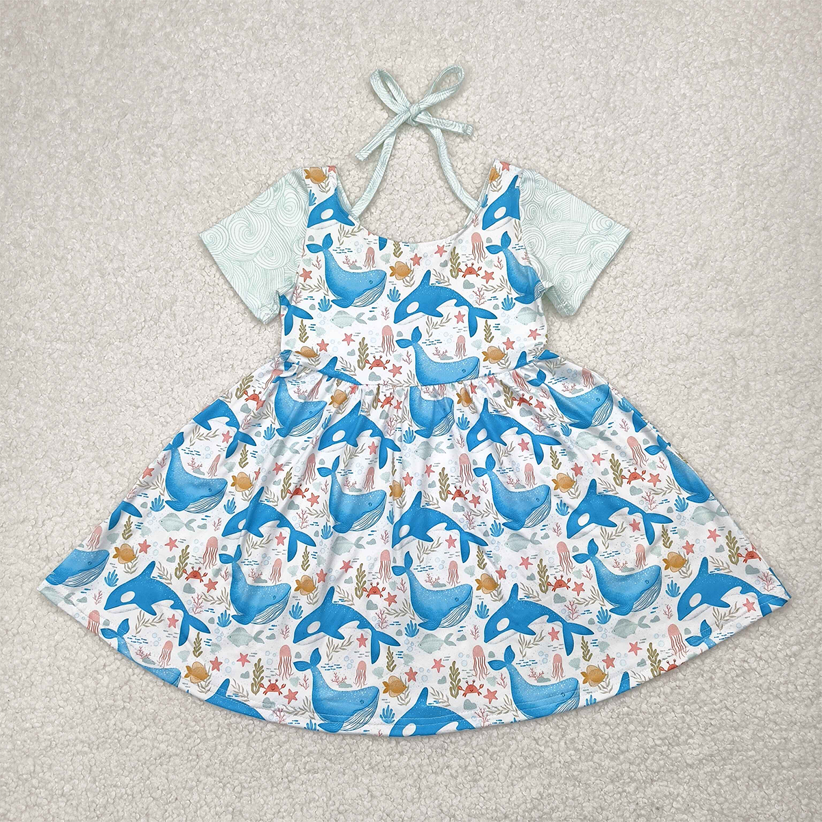 GSD2011  Baby Girls Blue Whale Short Sleeve Knee Length Dresses  D 4.2