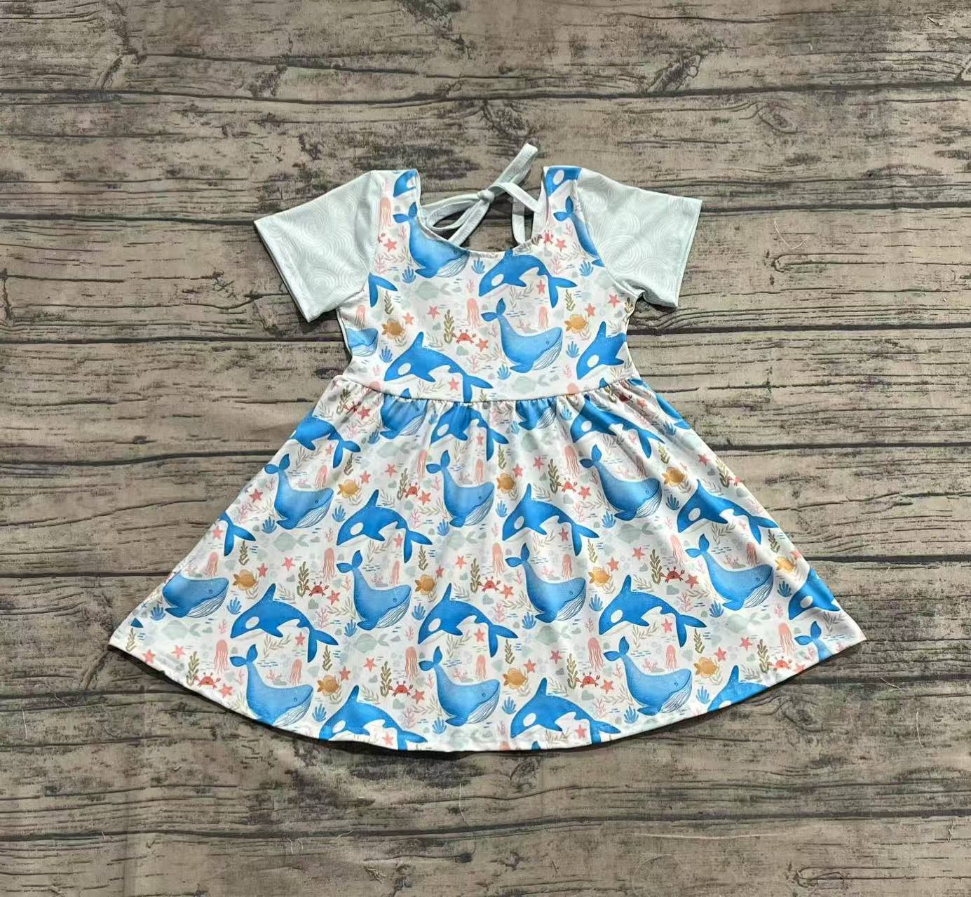 GSD2011  Baby Girls Blue Whale Short Sleeve Knee Length Dresses  D 4.2