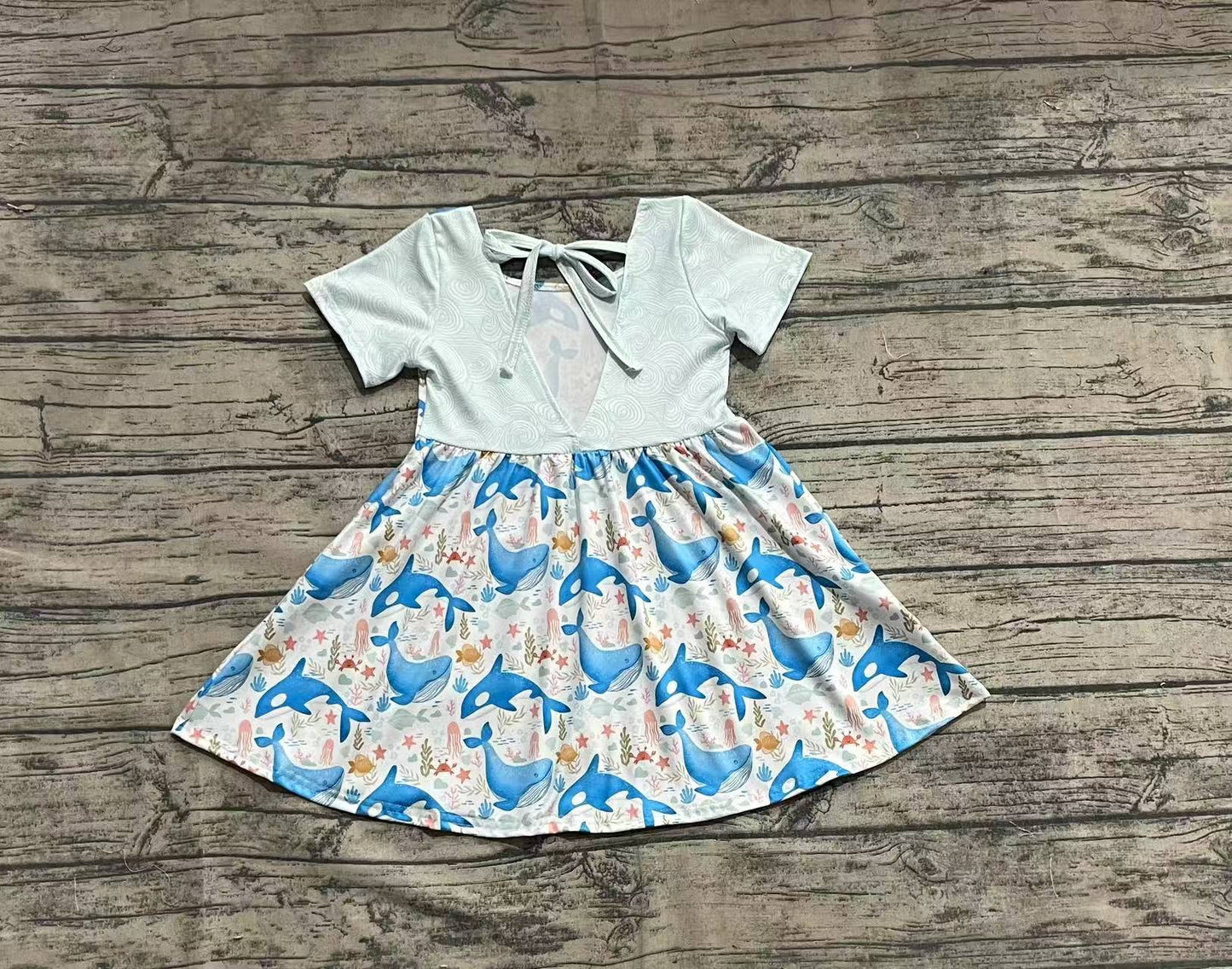 GSD2011  Baby Girls Blue Whale Short Sleeve Knee Length Dresses  D 4.2