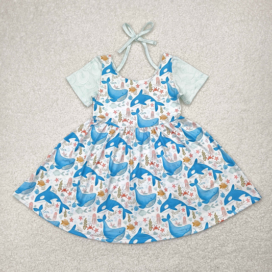 GSD2011 Baby Girls Blue Whale Short Sleeve Knee Length Dresses D 4.2