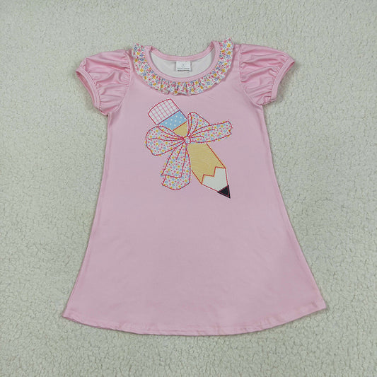 GSD2017 Back to School Bow Pencil Lace Pink Lantern Sleeve Short Sleeve Dress D 5.24