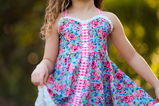 presale GSD2018 Baby Girls Blue Pink Flowers Straps Knee Length Dresses D 2.13