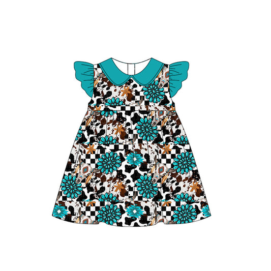 presale GSD2022 Baby Girls Turquoise Cow Flutter Sleeve Knee Length Dresses D 2.14