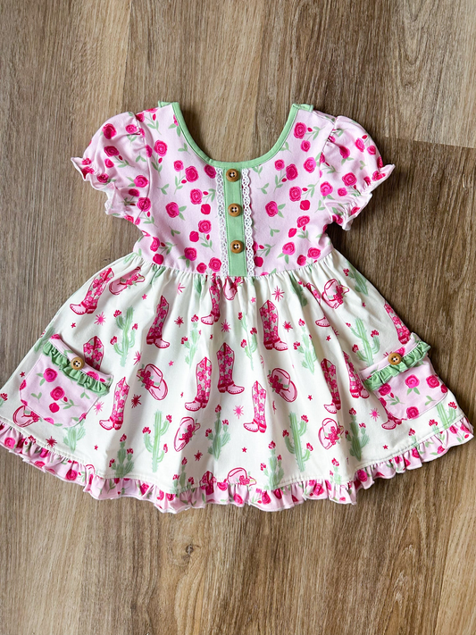 presale GSD2038 Baby Girls Flowers Western Boots Pockets Knee Length Dresses 2025 2.17