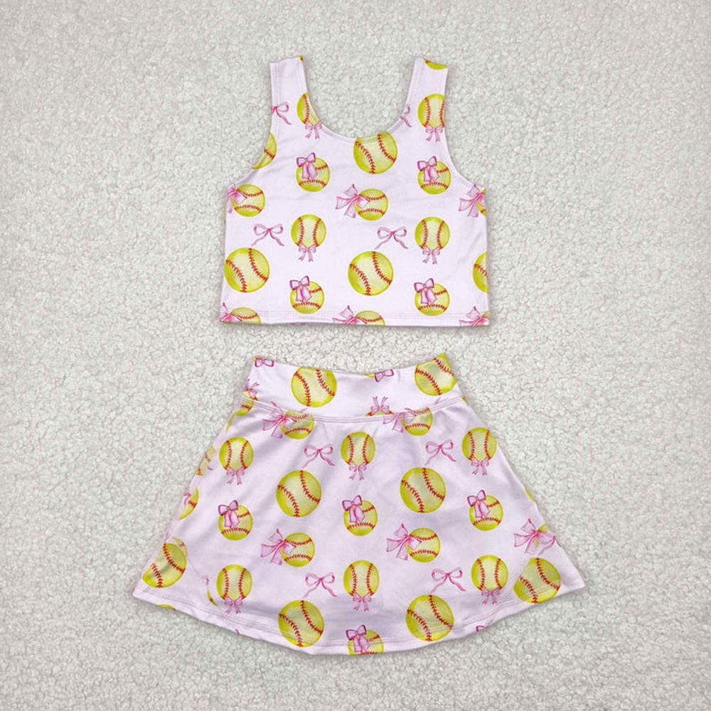 Sibling Baby Girls Bows Baseballs Yoga Team Active Wear Top Shorts Skirts Clothes Sets D 7.7
