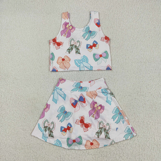 GSD2046  Baby Girls Colorful Hero Bows Athletic Active Wear Top Shorts Skirts Clothes Sets   D 5.8
