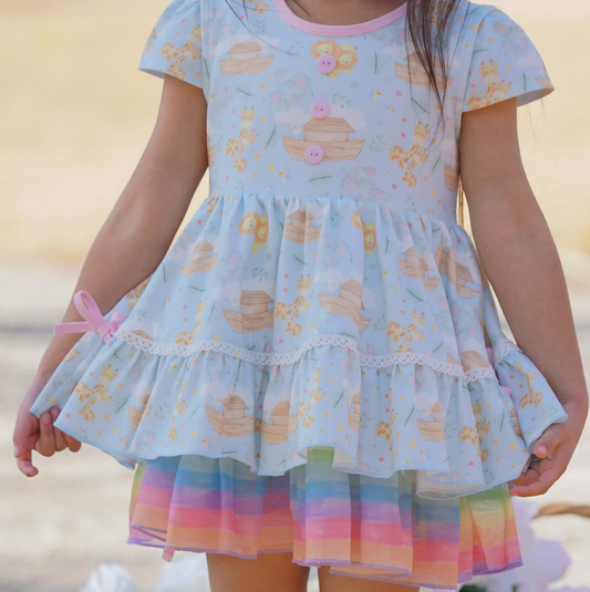 presale GSD2050 Lion Giraffe Animal Color Striped Blue Short Sleeve Dress D 2.18