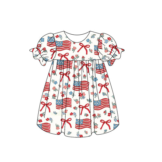 presale GSD2052 Baby Girls 4th Of July Flags Bows Knee Length Dresses D 2.18