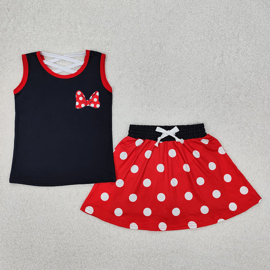 GSD2069 Baby Girls Black Red Dots Bow Shirt Skirt Clothes Sets  D 4.14